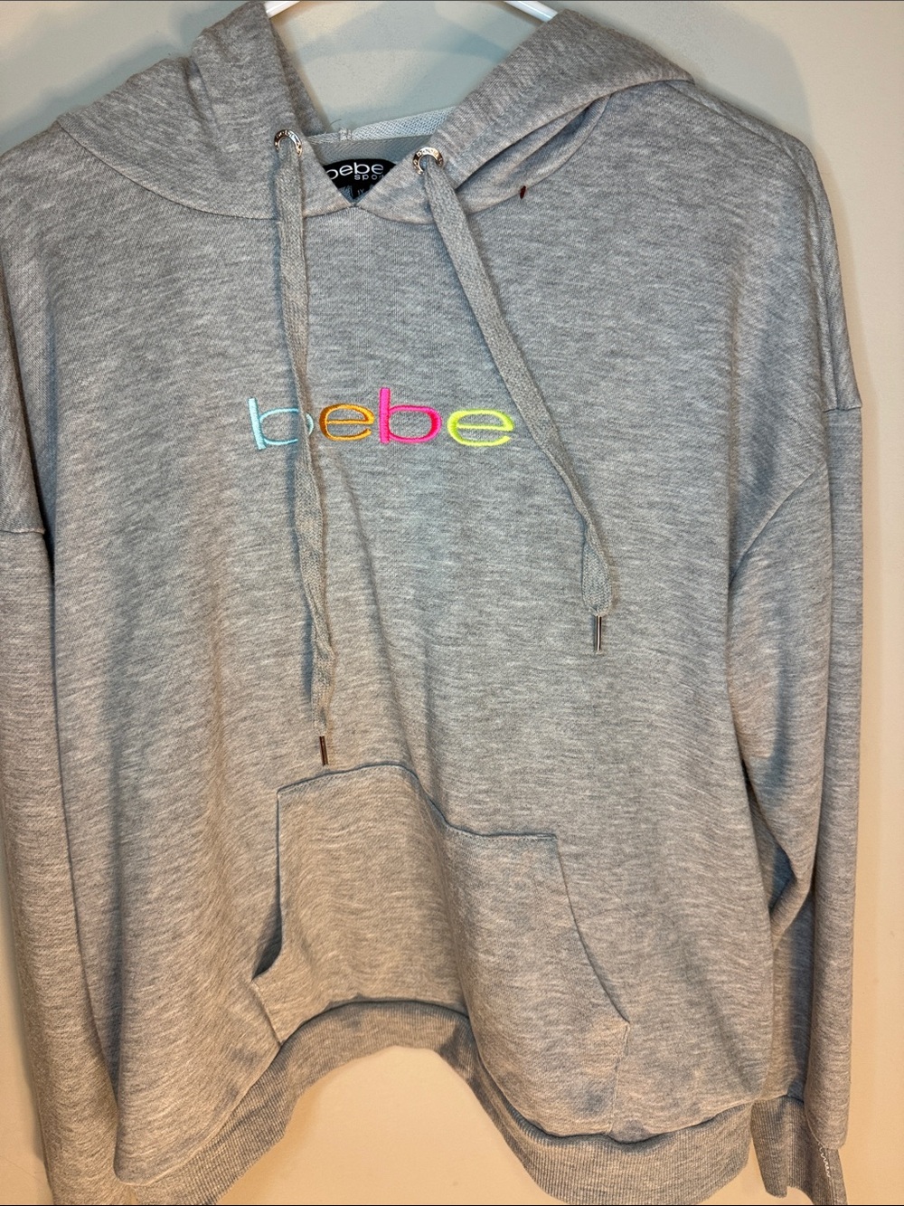 bebe Light Gray Hoodie with Neon Multicolor Logo size 1x